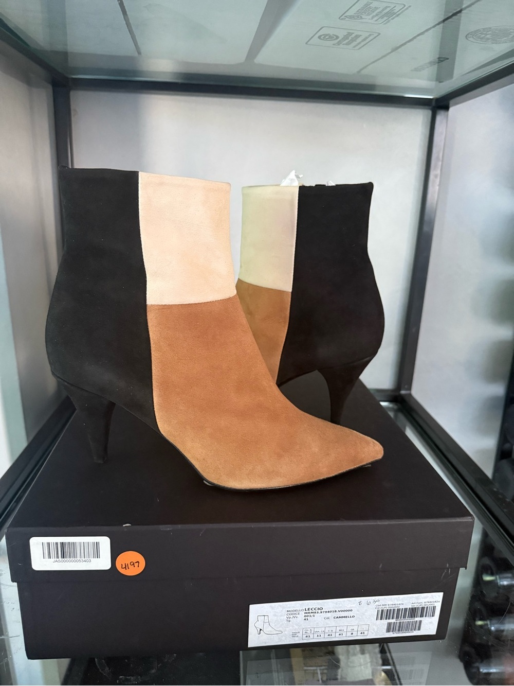 Marina Rinaldi Tri-Block Suede Ankle Boots in Black, Tan & Cream